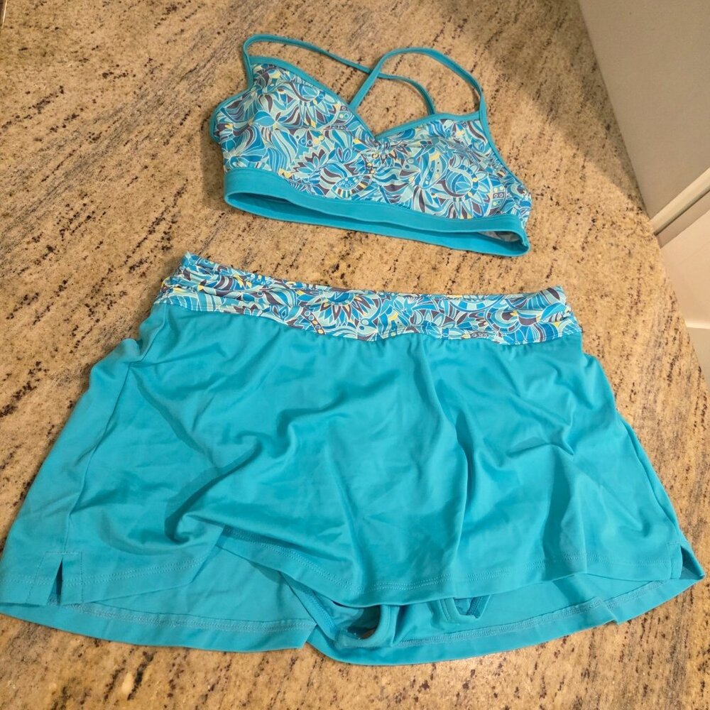 LL Bean Sz 12  Two Piece Swim Skort Skirt Bikini Set Blue Printed UPF 50+ 287868